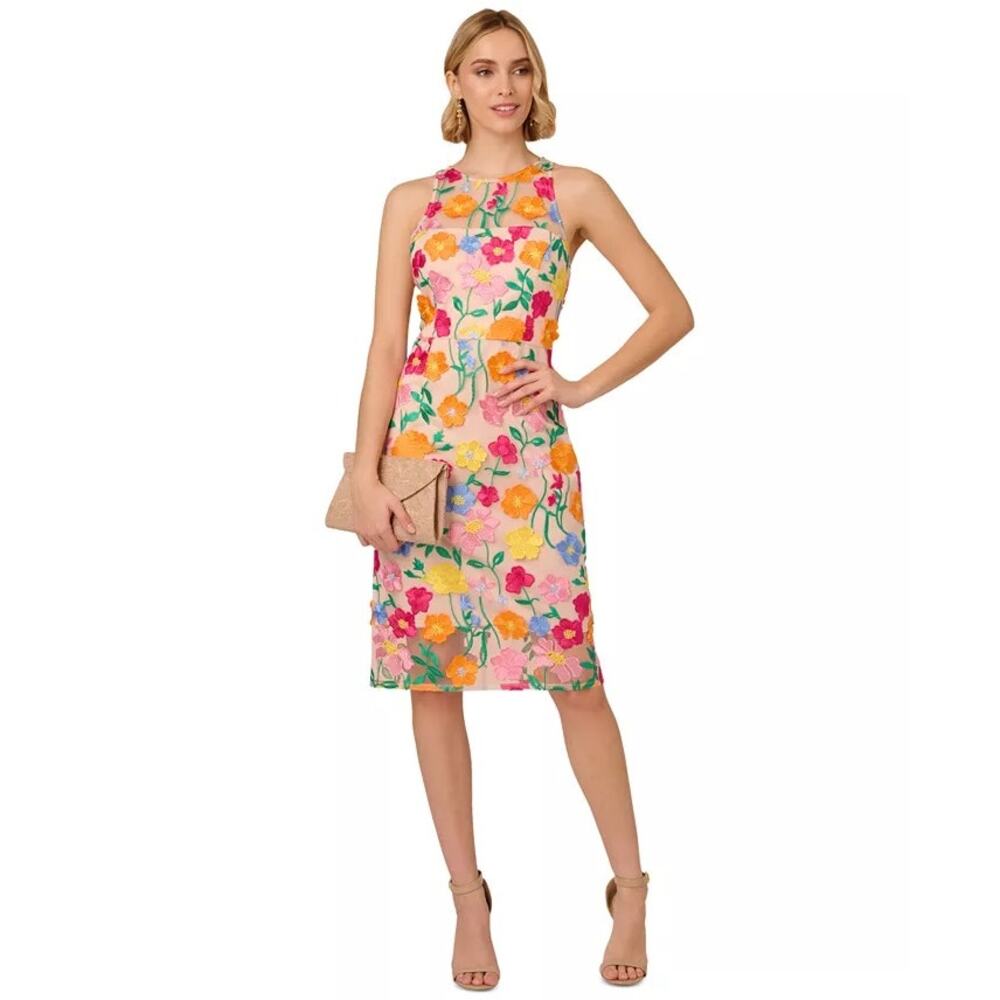 NWT Adrianna Papell 3D Floral Embroidered Column Dress Sheer Top Size 6
